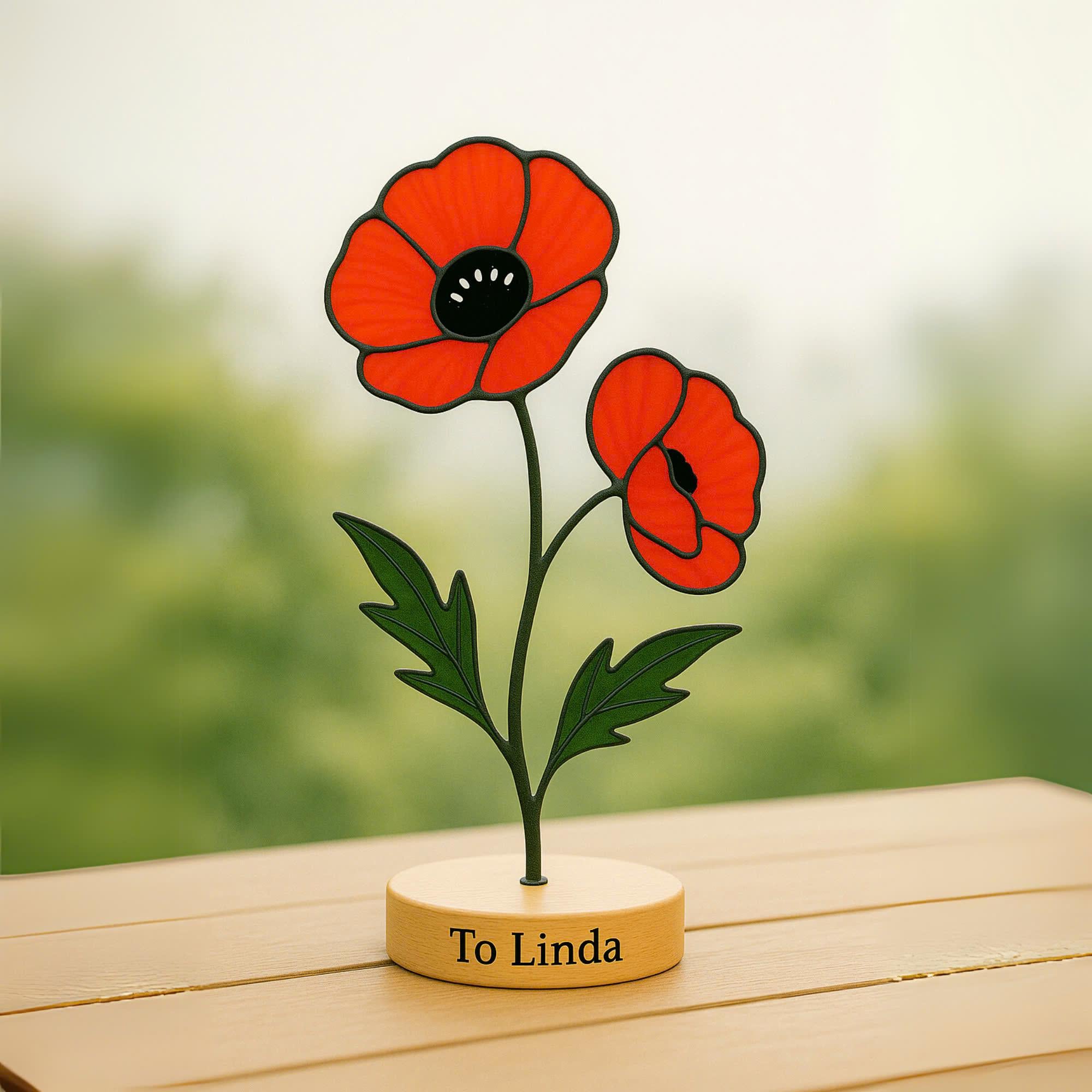 Stained Glass Poppy Flower, August Birth Flower Gift, Desk Decor