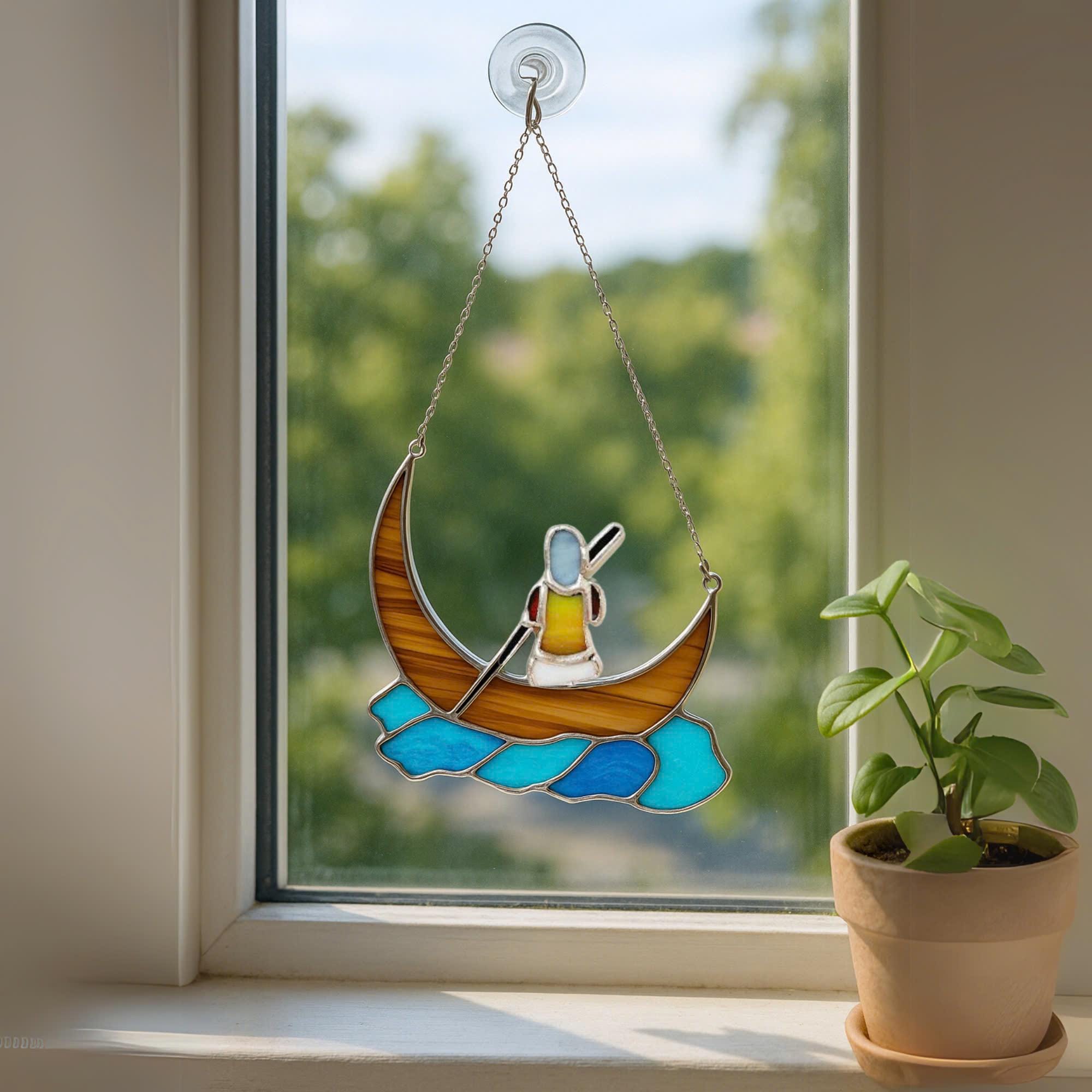 Stained Glass Boat Suncatcher – Handmade Crescent Moon, Window Decor