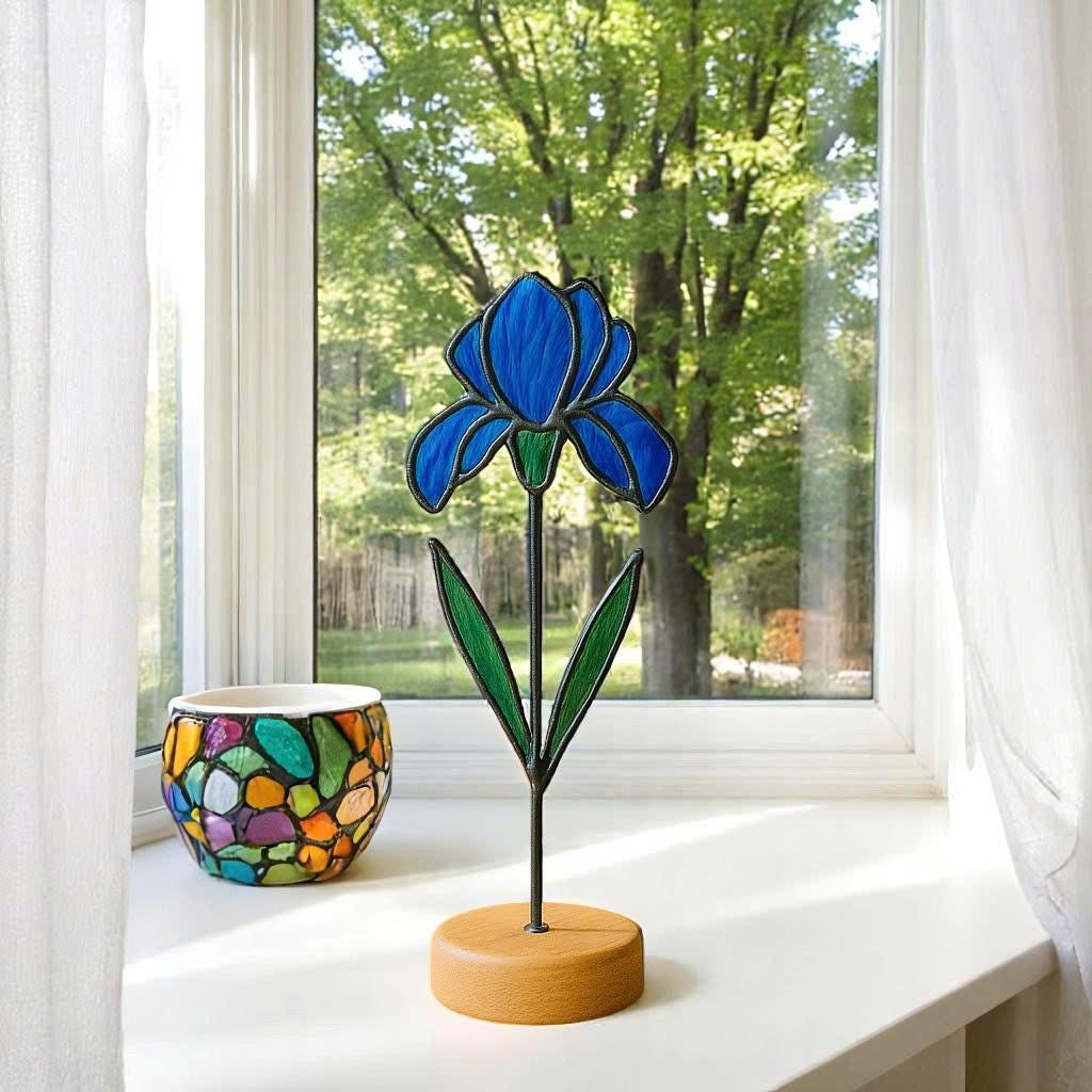 Stained Glass Iris Flower Suncatcher, February Birth Flower Gift