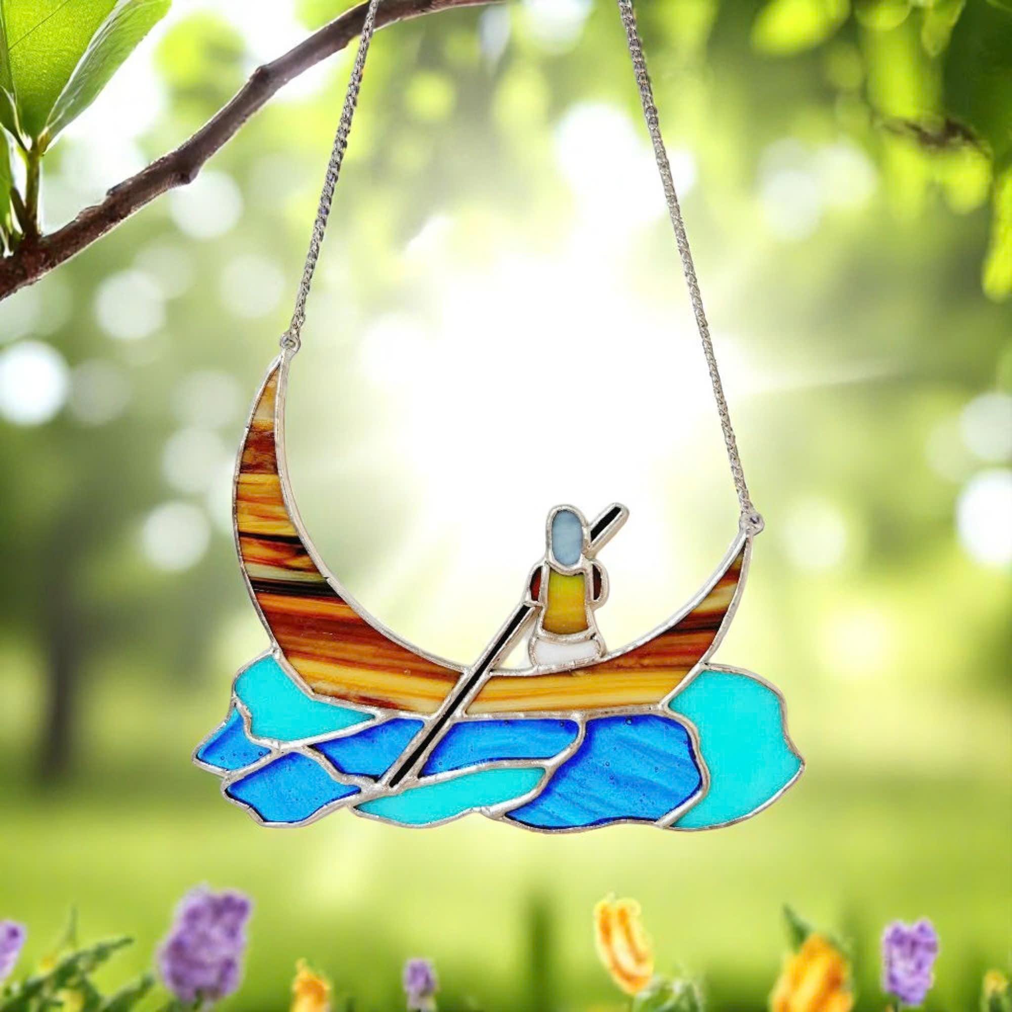 Stained Glass Boat Suncatcher – Handmade Crescent Moon, Window Decor