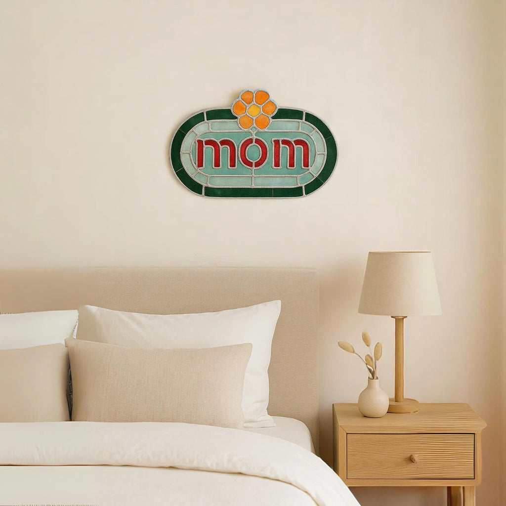 Handmade Stained Glass MOM Sign, Floral Desk Decor