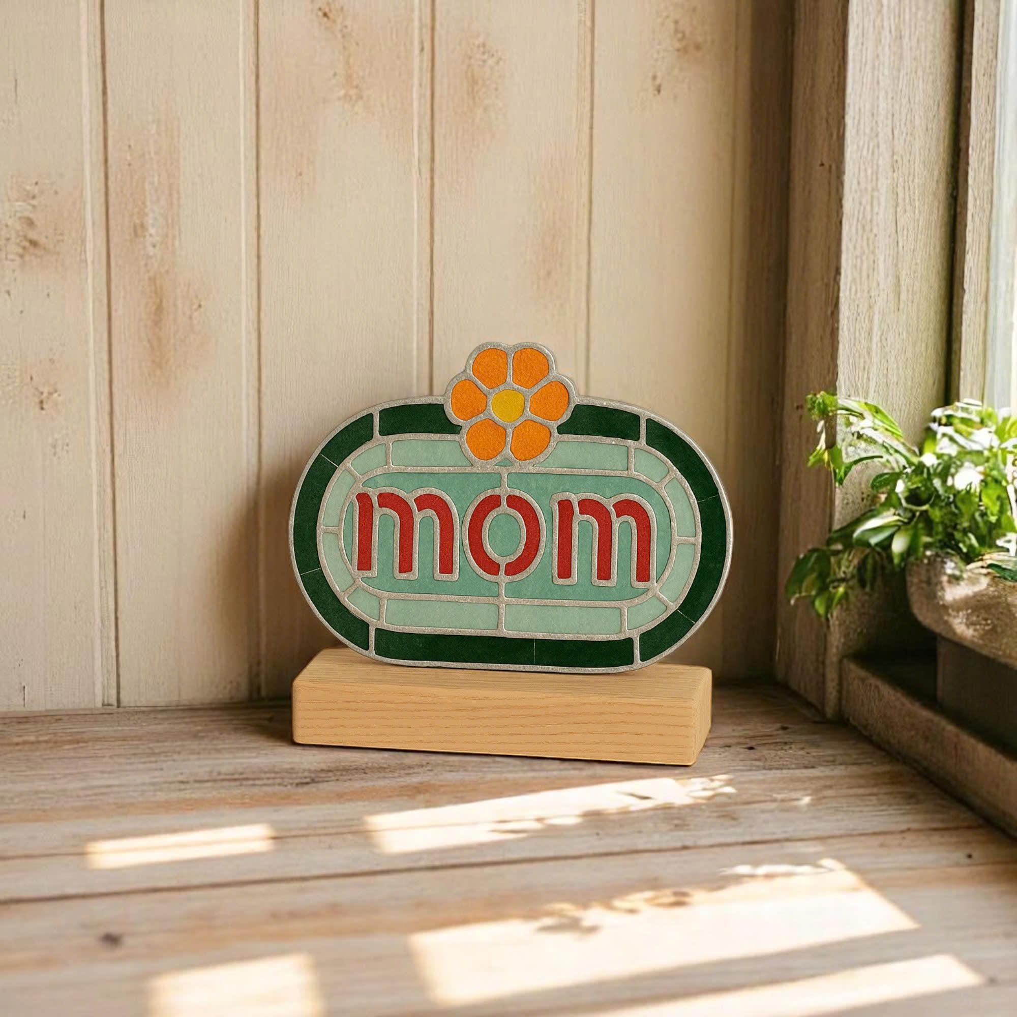 Handmade Stained Glass MOM Sign, Floral Desk Decor