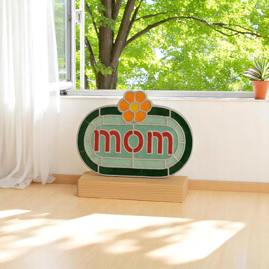 Handmade Stained Glass MOM Sign, Floral Desk Decor