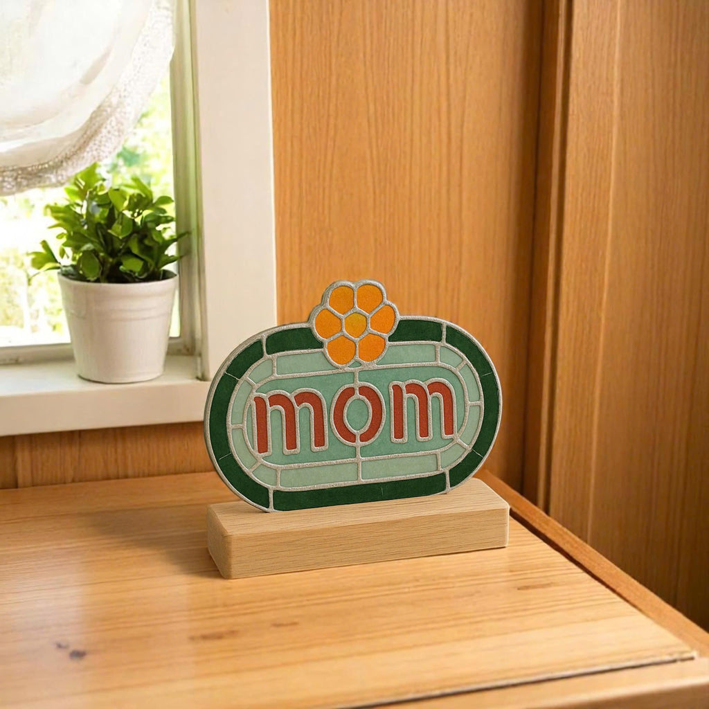 Handmade Stained Glass MOM Sign, Floral Desk Decor
