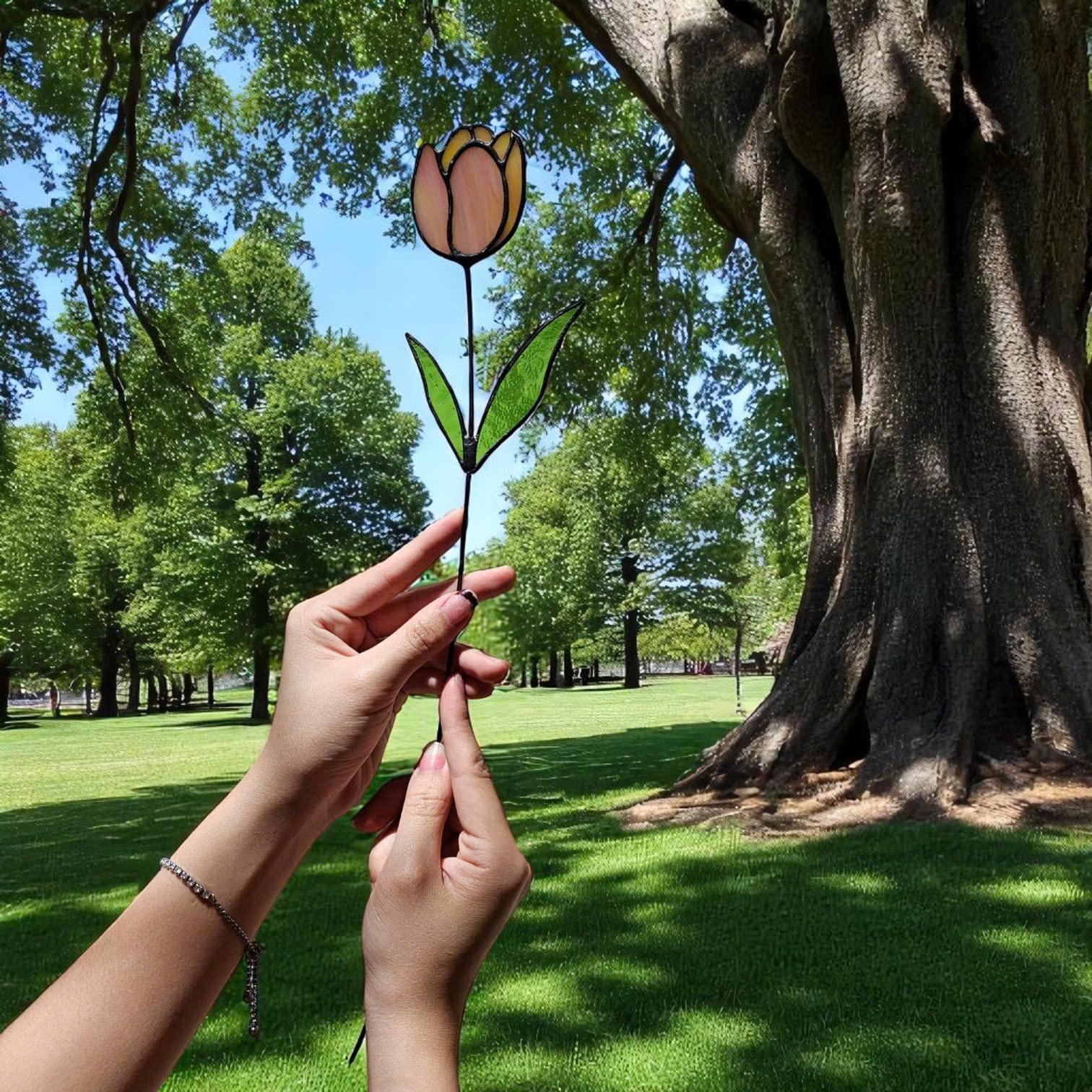 Stained Glass Tulip Suncatcher – Handmade Floral Garden Stake