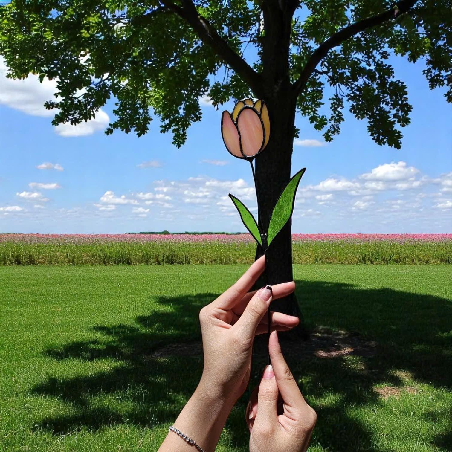 Stained Glass Tulip Suncatcher – Handmade Floral Garden Stake