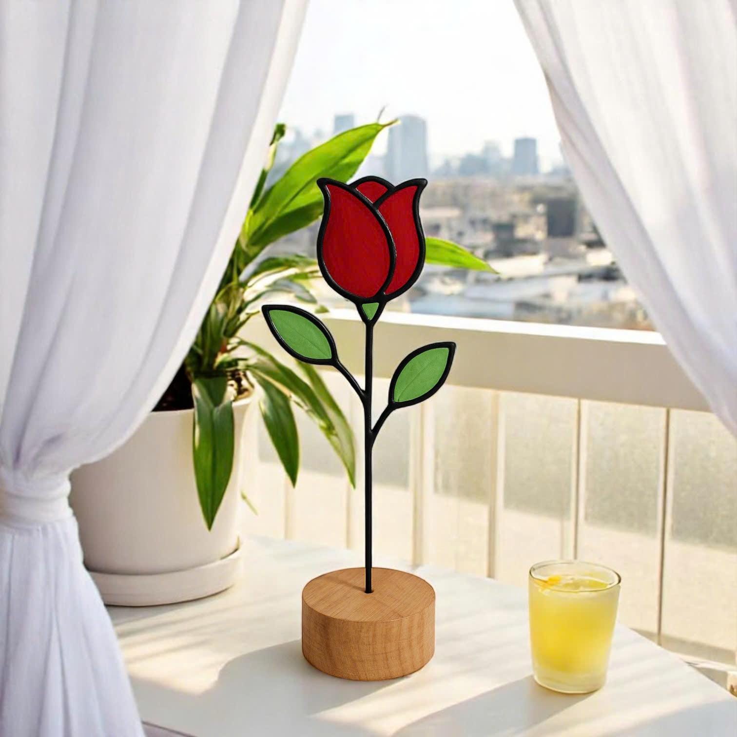 Handmade Stained Glass Red Rose Sculpture – Floral Home Decor