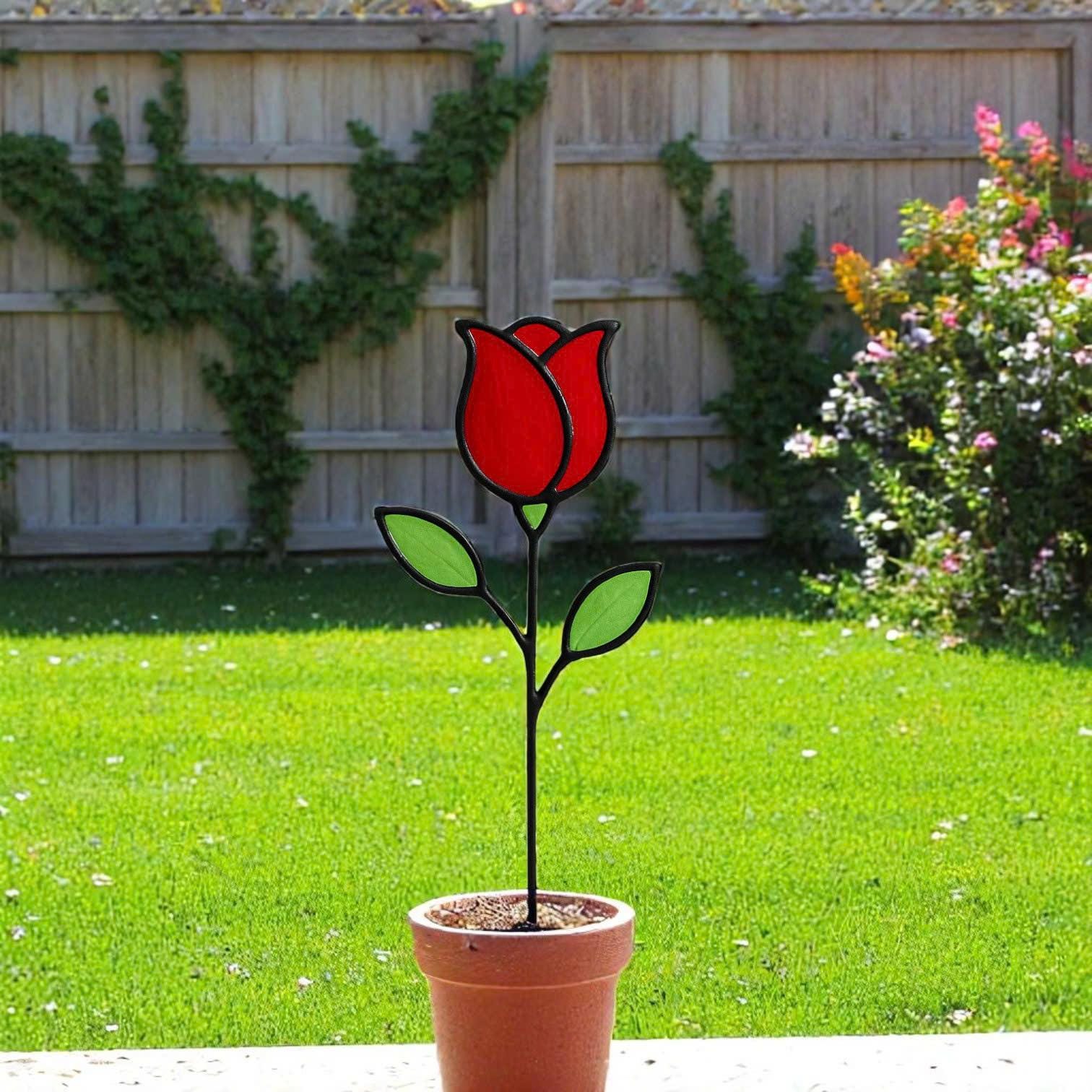Handmade Stained Glass Red Rose Sculpture – Floral Home Decor