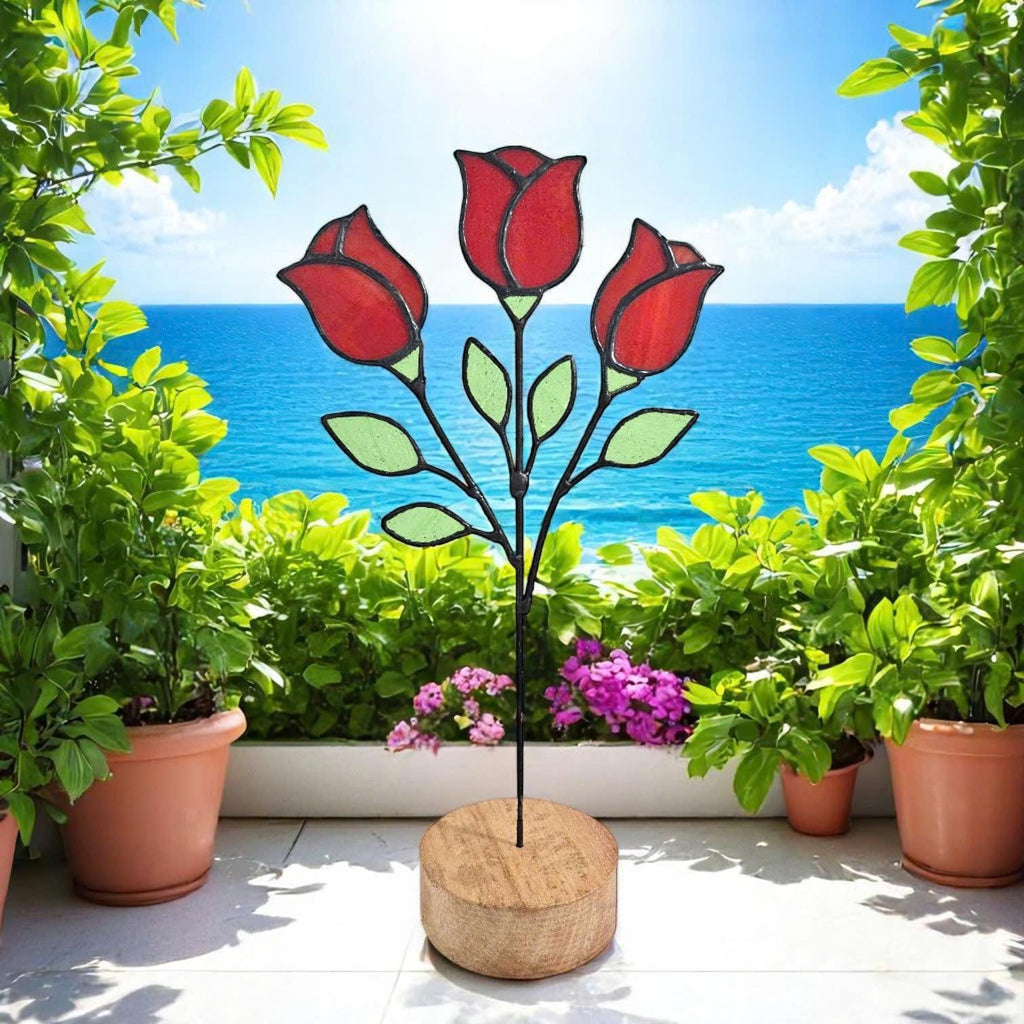 Handmade Stained Glass Red Rose Sculpture – Floral Home Decor