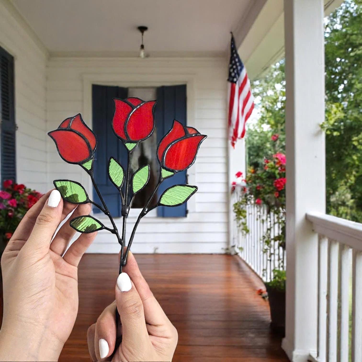 Handmade Stained Glass Red Rose Sculpture – Floral Home Decor