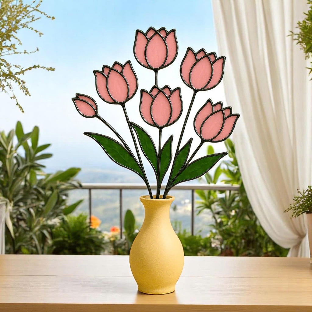 Handmade Stained Glass Pink Tulip Bouquet - Floral Table Decor