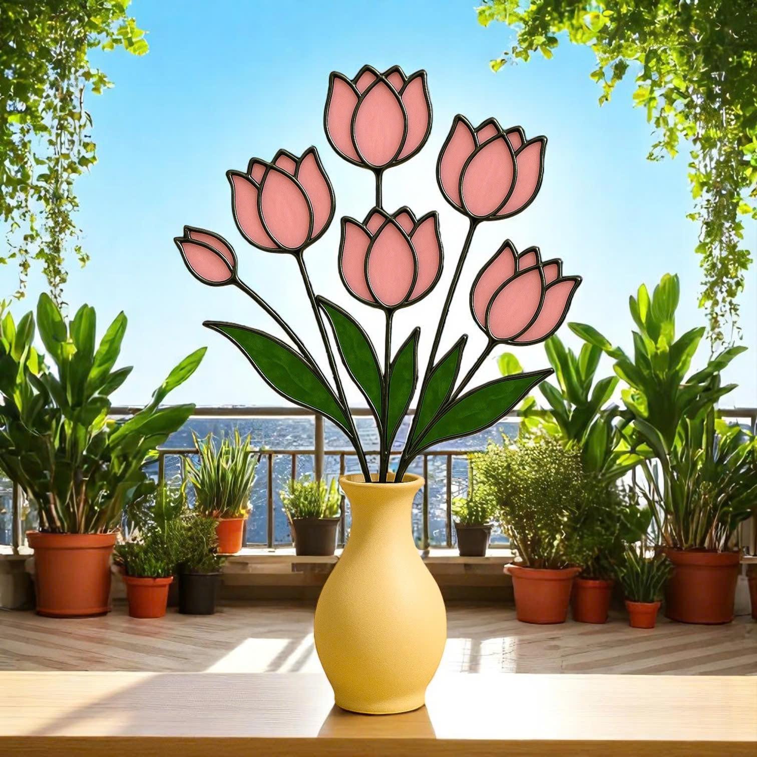 Handmade Stained Glass Pink Tulip Bouquet - Floral Table Decor
