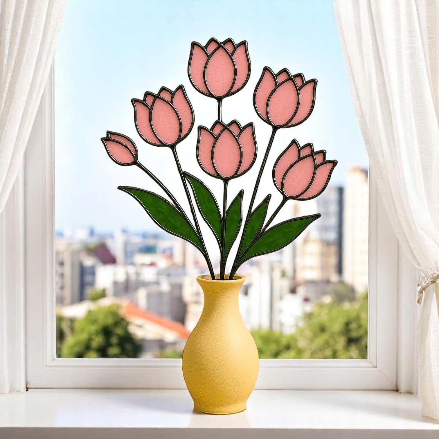 Handmade Stained Glass Pink Tulip Bouquet - Floral Table Decor