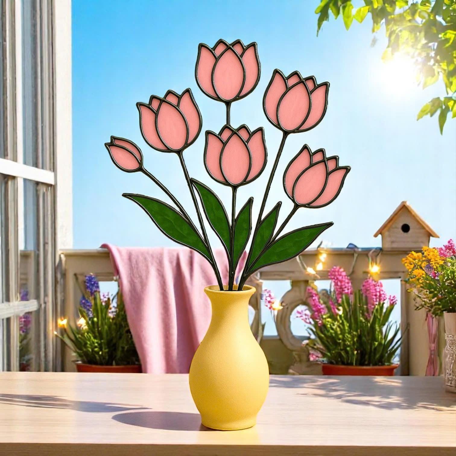 Handmade Stained Glass Pink Tulip Bouquet - Floral Table Decor