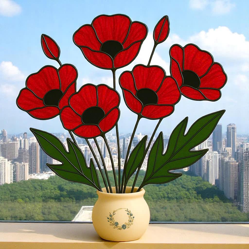 Handmade Stained Glass Poppy Bouquet: Red Floral Vase Art
