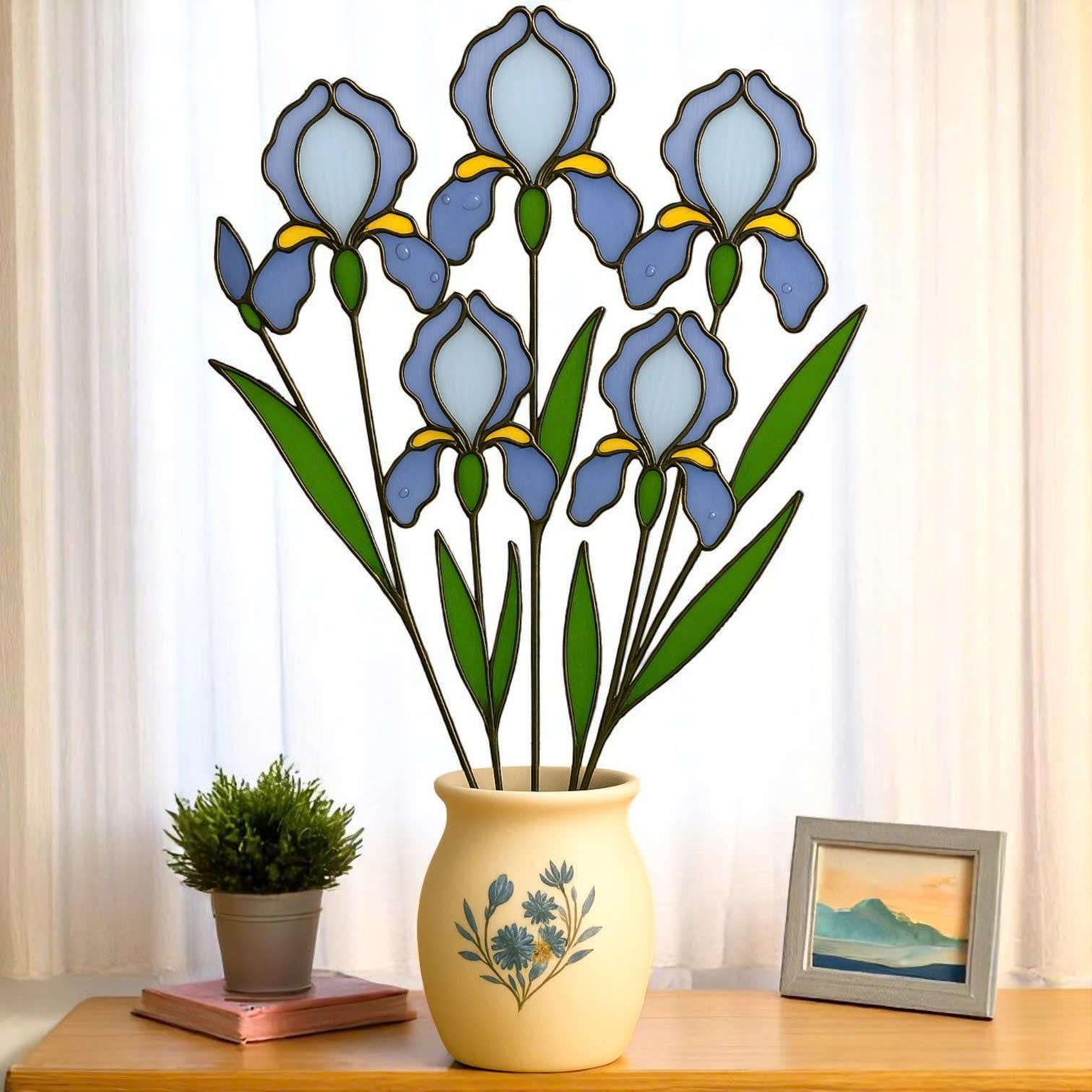 Stained Glass Iris Flowers – Handmade Glass Art in Pot, Elegant Floral Table Decor, Gift for Her/Mom, Birthday, Mother’s Day, Home Decor