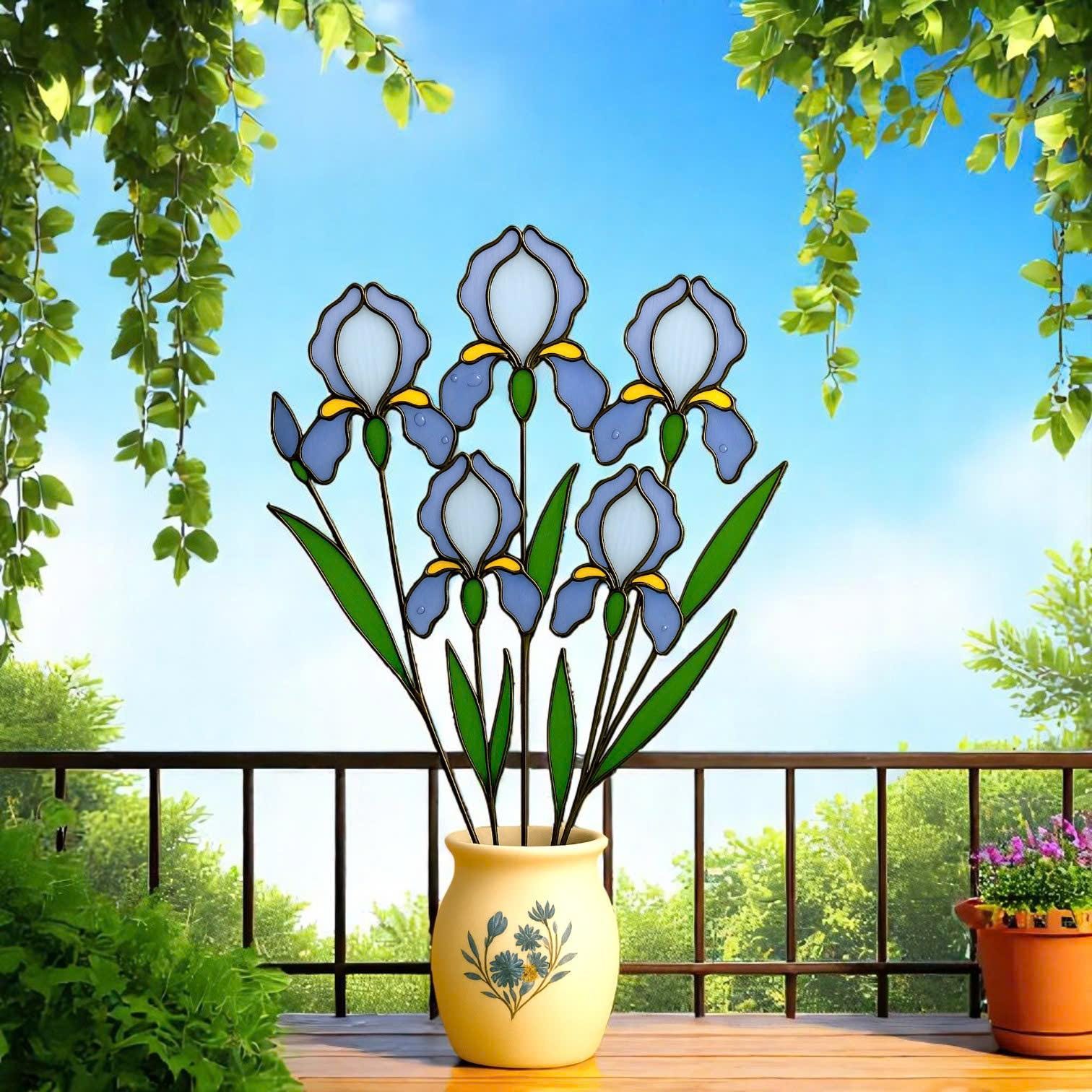 Stained Glass Iris Flowers – Handmade Glass Art in Pot, Elegant Floral Table Decor, Gift for Her/Mom, Birthday, Mother’s Day, Home Decor