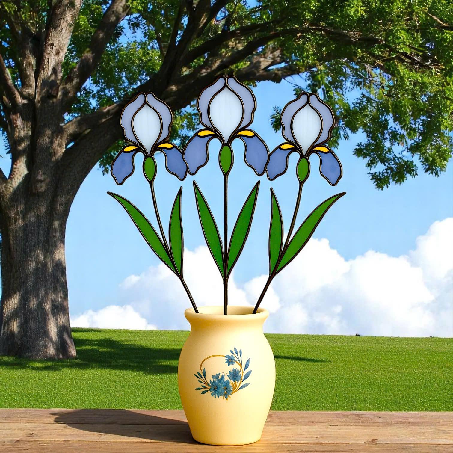 Stained Glass Iris Flowers – Handmade Glass Art in Pot, Elegant Floral Table Decor, Gift for Her/Mom, Birthday, Mother’s Day, Home Decor