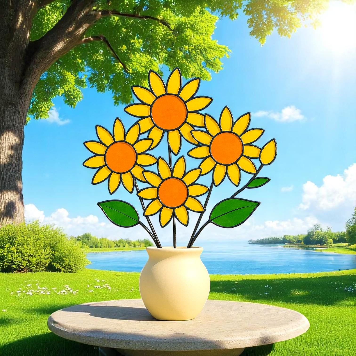 Sunflower Stained Glass Flower Bouquet – Handmade Yellow Floral Decor | Cheerful Gift for Birthday, Mom, Friend or Any Happy Occasion