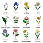 Stained glass birth month flower collection on wood stand, personalized family garden gift for mom, comprising 12 monthly floral designs like rose daisy and daffodil.