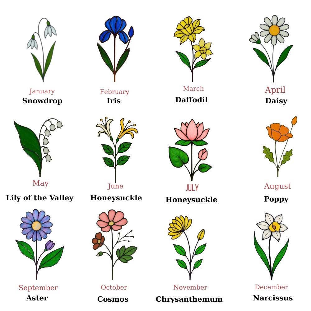 Stained glass birth month flower collection on wood stand, personalized family garden gift for mom, comprising 12 monthly floral designs like rose daisy and daffodil.