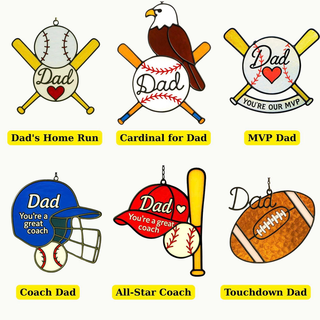 Stained Glass Dad Suncatcher – Personalized Father’s Day Gift, Baseball & Football Window Hanging, Handmade Wall Decor for Him, fathers day