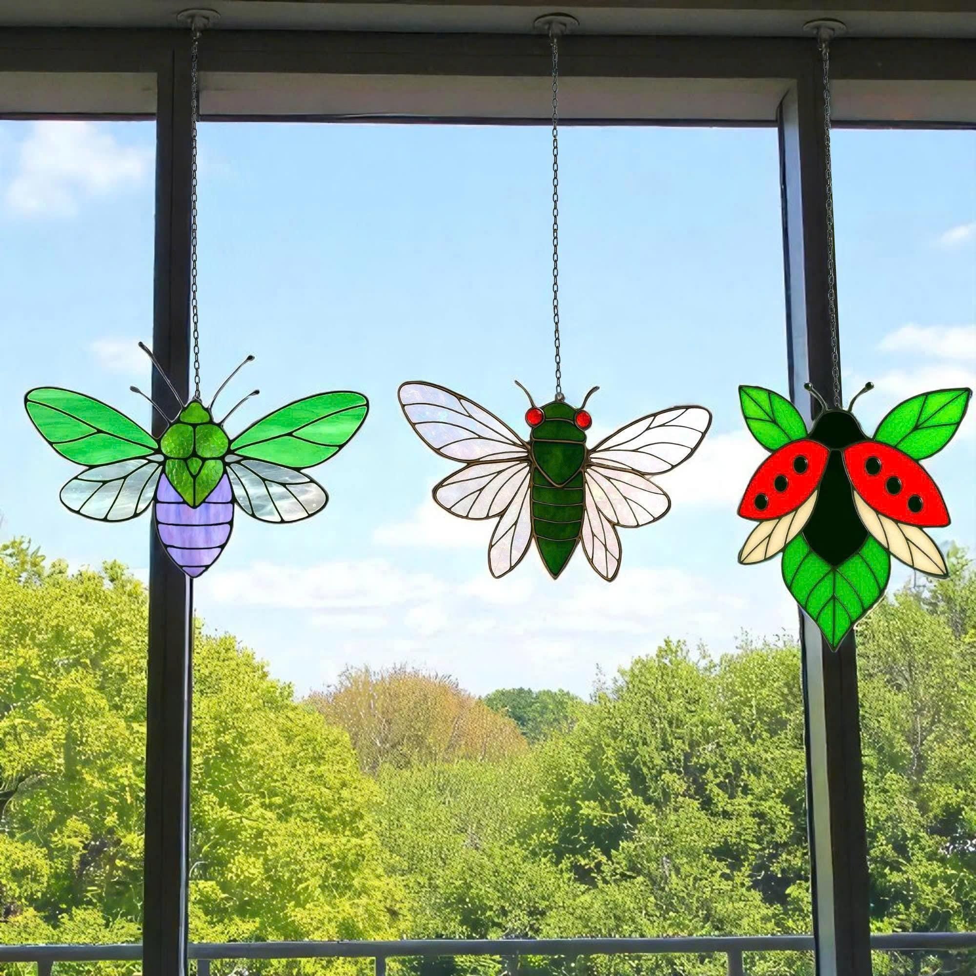 Stained Glass Insect Suncatcher Set|Handmade Bug Window Decor,Butterfly Bee Ladybug Dragonfly Art, Garden Gift, Nature Lover Home Decoration