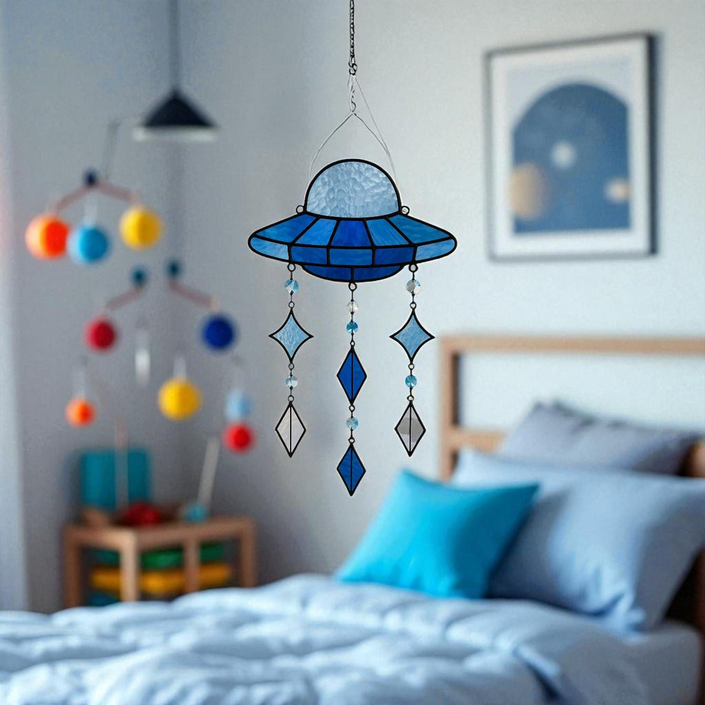 Blue Stained Glass UFO Suncatcher: Alien Spaceship Window Hanging