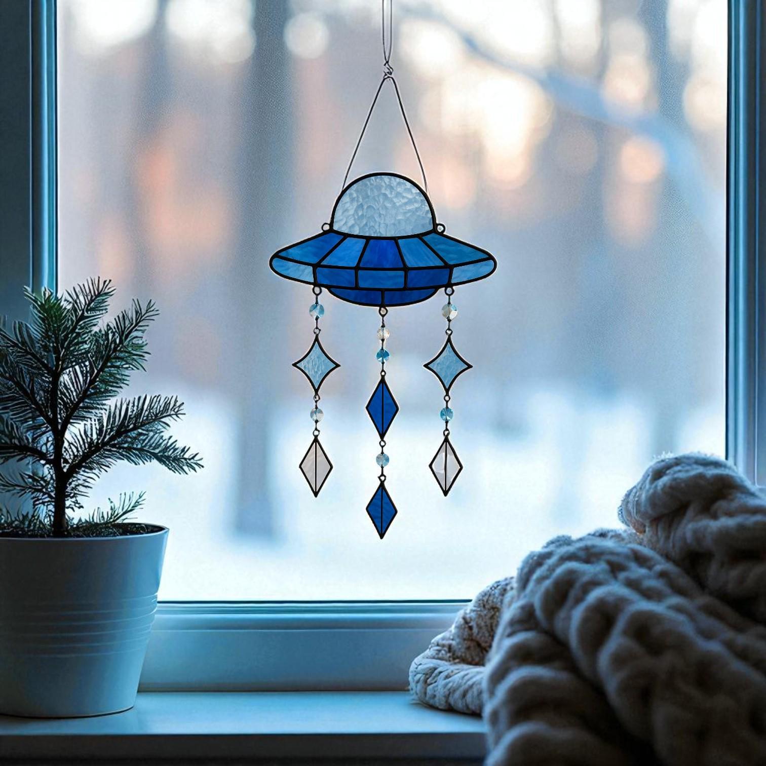 Blue Stained Glass UFO Suncatcher: Alien Spaceship Window Hanging