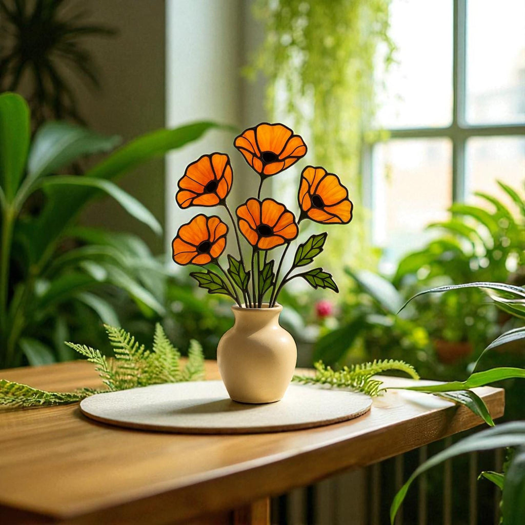 Stained Glass Poppy Bouquet: Handmade Floral Window Decor