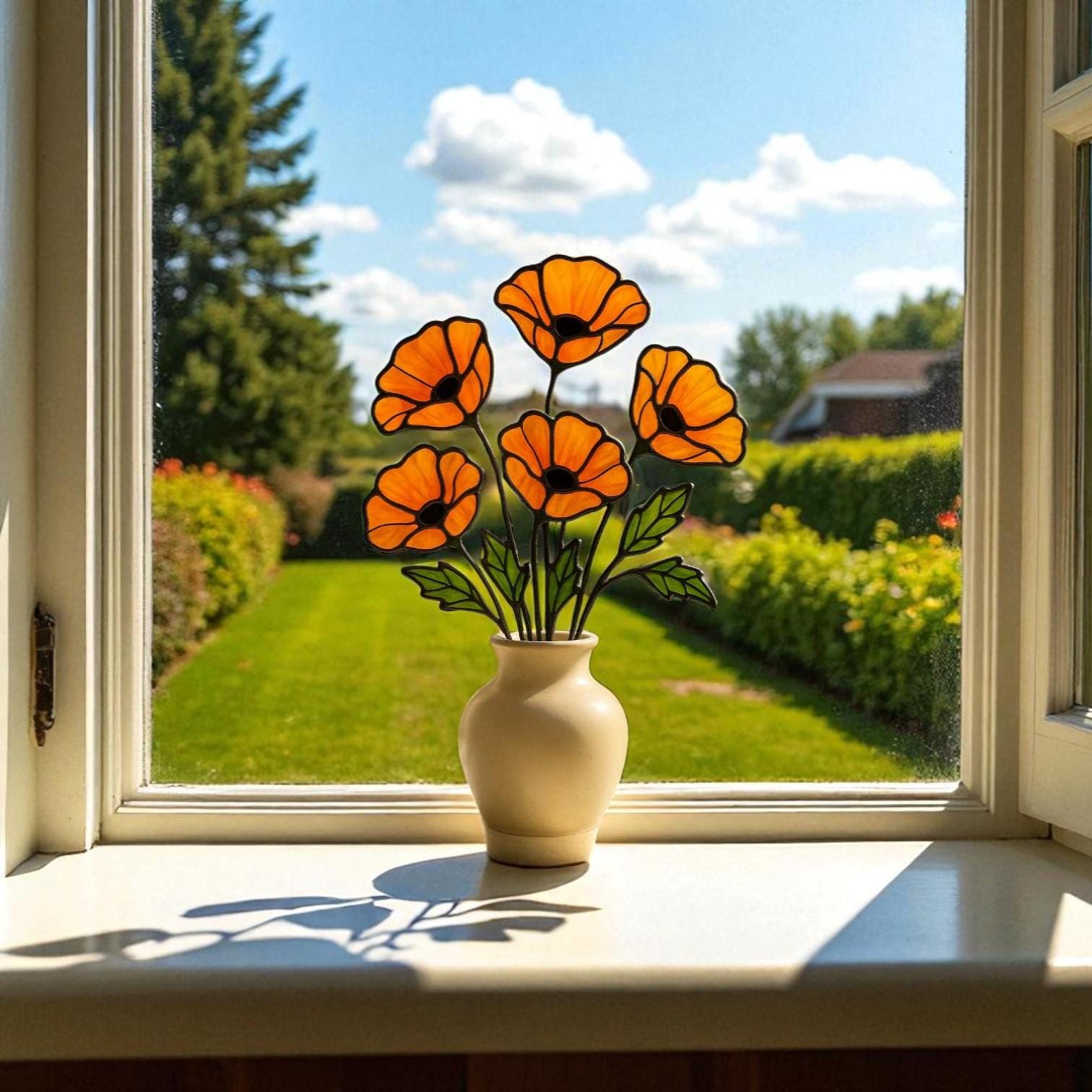 Stained Glass Poppy Bouquet: Handmade Floral Window Decor