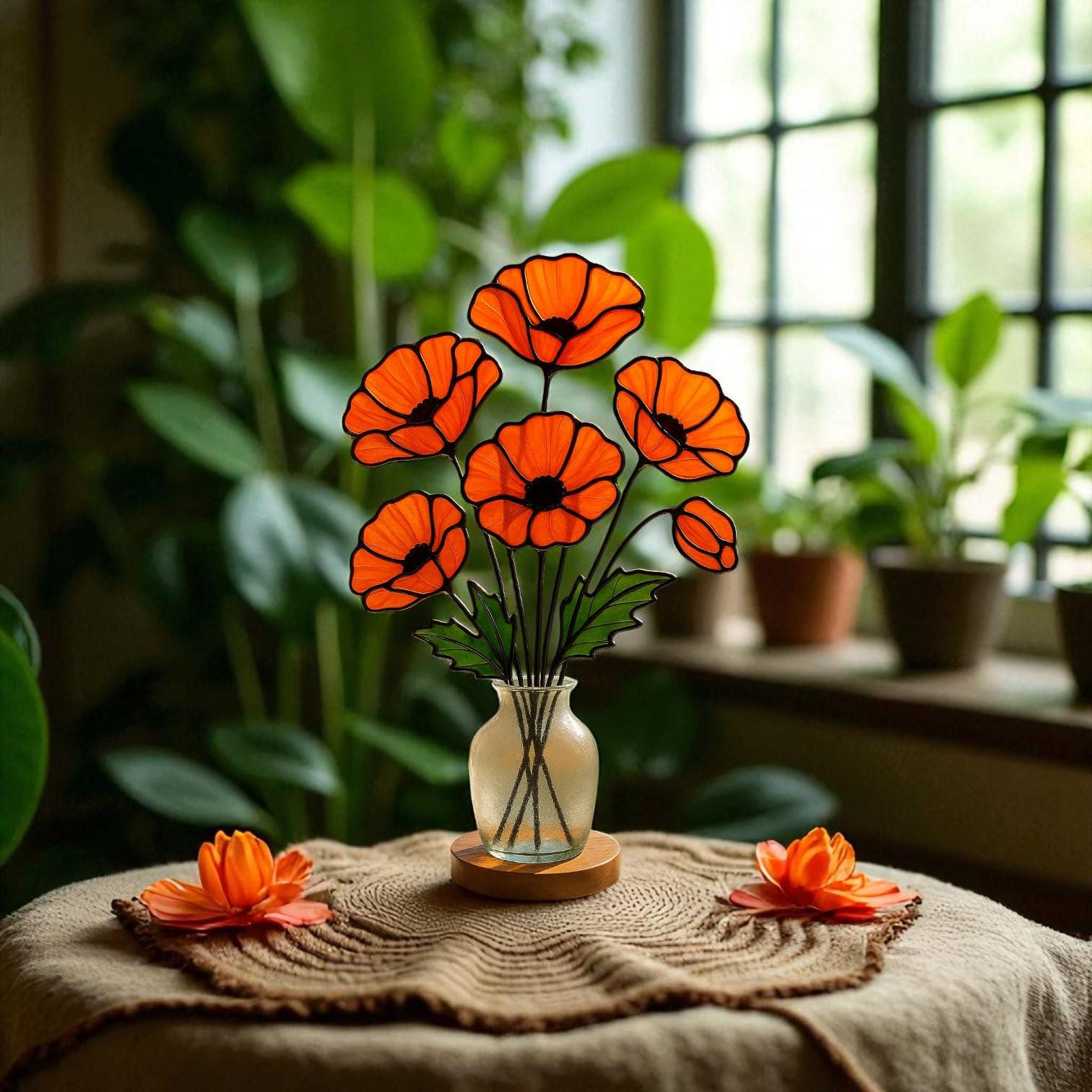 Stained Glass Poppy Bouquet: Handmade Floral Arrangement, Window Decor