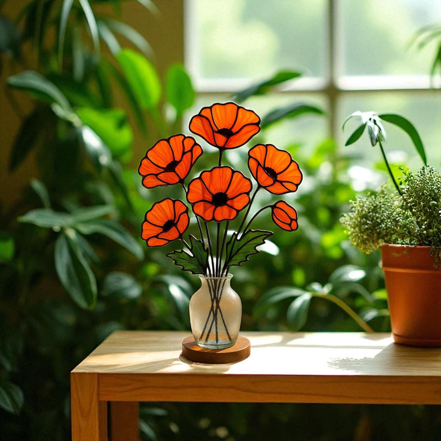 Stained Glass Poppy Bouquet: Handmade Floral Arrangement, Window Decor