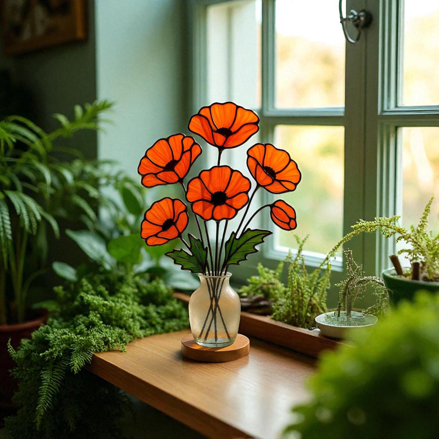 Stained Glass Poppy Bouquet: Handmade Floral Arrangement, Window Decor