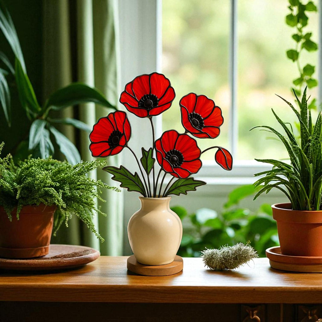 Stained Glass Red Poppy Bouquet: Handmade Floral Arrangement