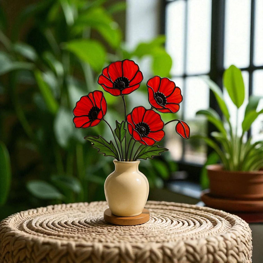 Stained Glass Red Poppy Bouquet: Handmade Floral Arrangement