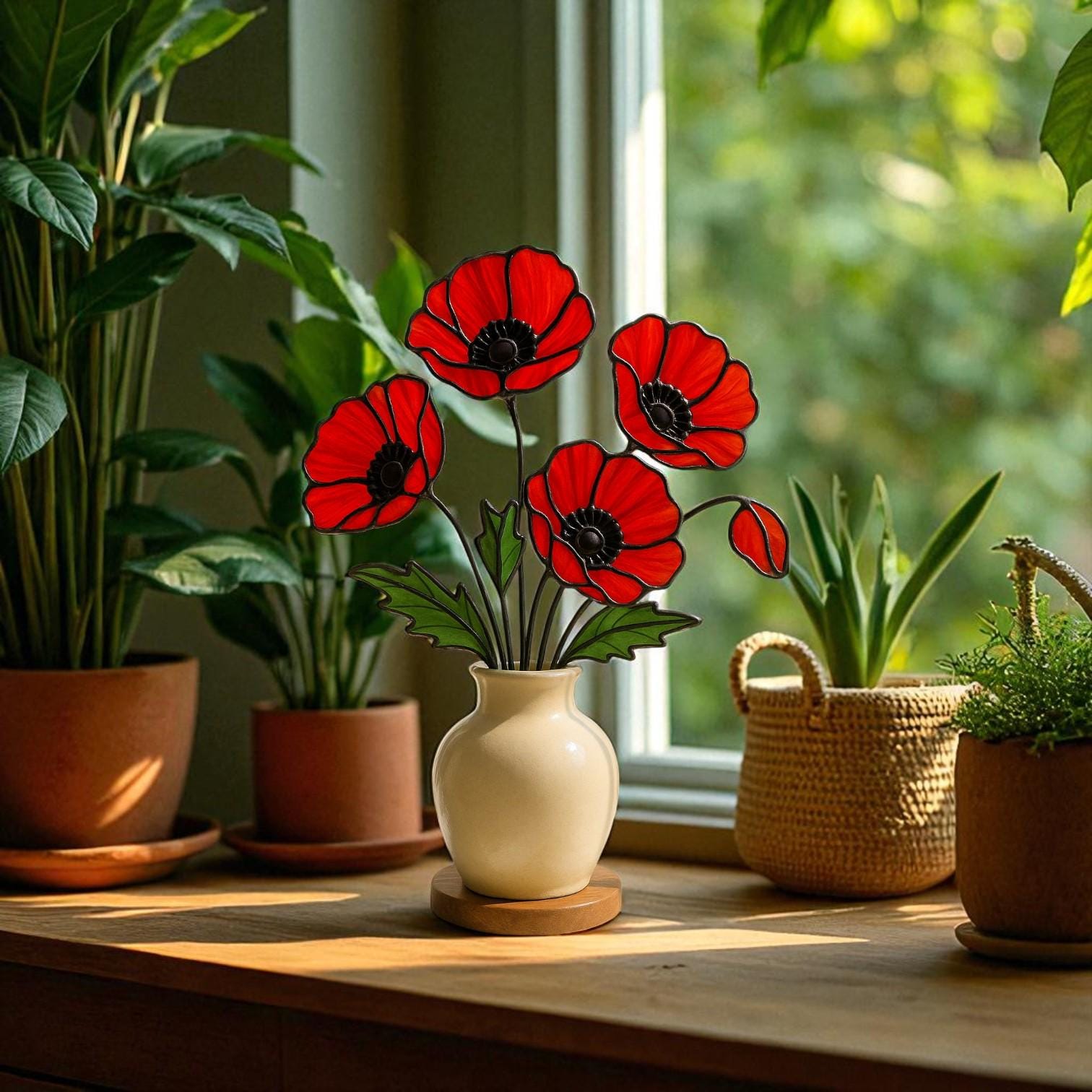 Stained Glass Red Poppy Bouquet: Handmade Floral Arrangement