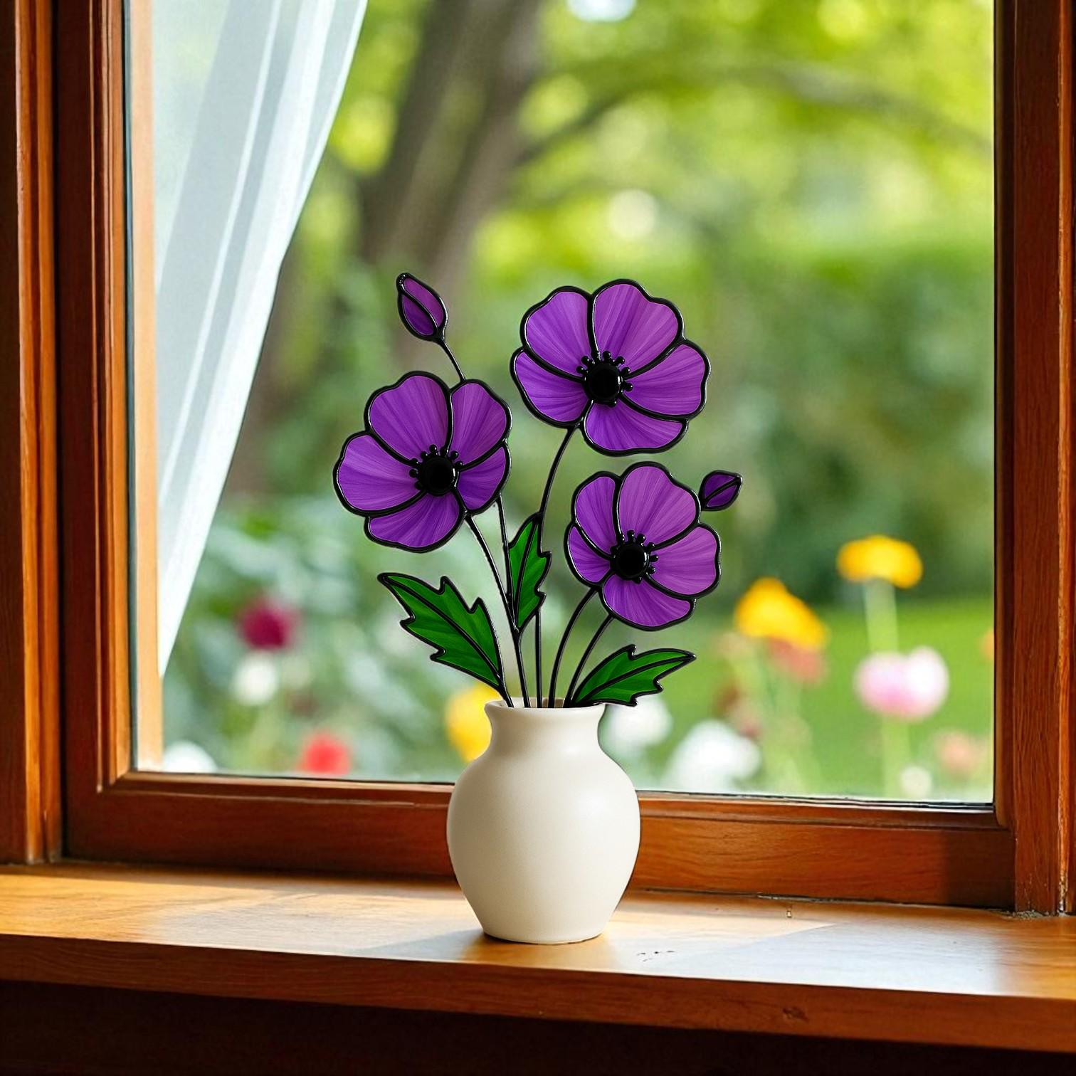 Stained Glass Purple Poppy Bouquet: Handmade Floral Table Decor