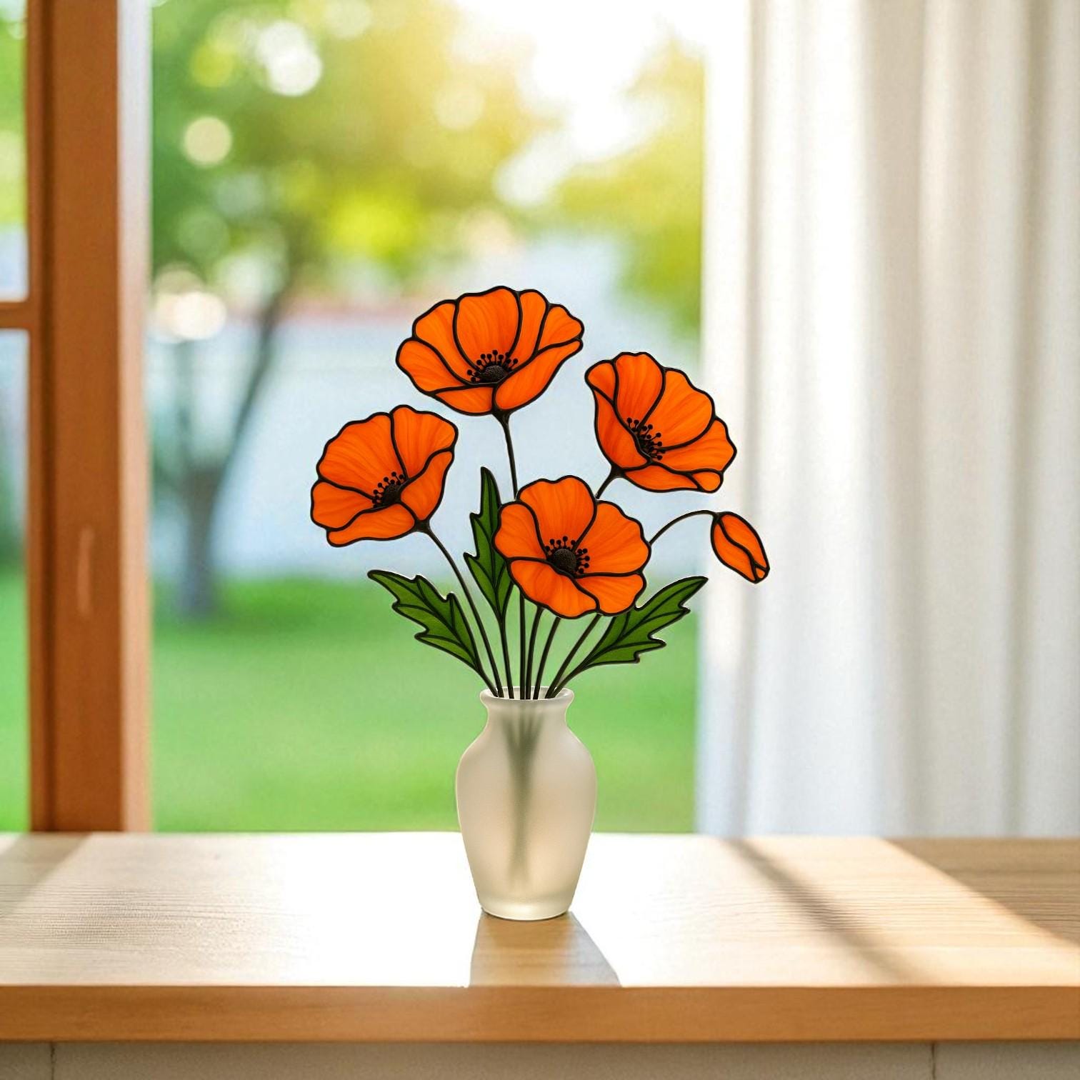 Stained Glass Orange Poppy Bouquet: Handmade Floral Arrangement in Frosted Vase