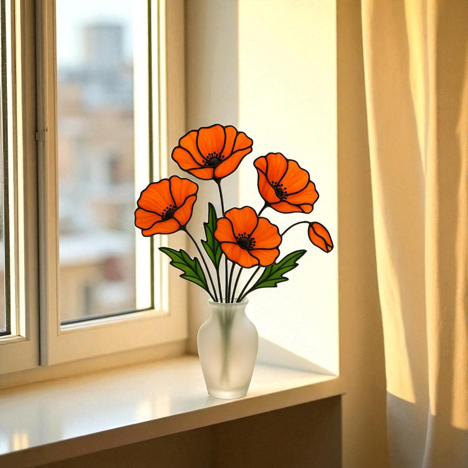 Stained Glass Orange Poppy Bouquet: Handmade Floral Arrangement in Frosted Vase