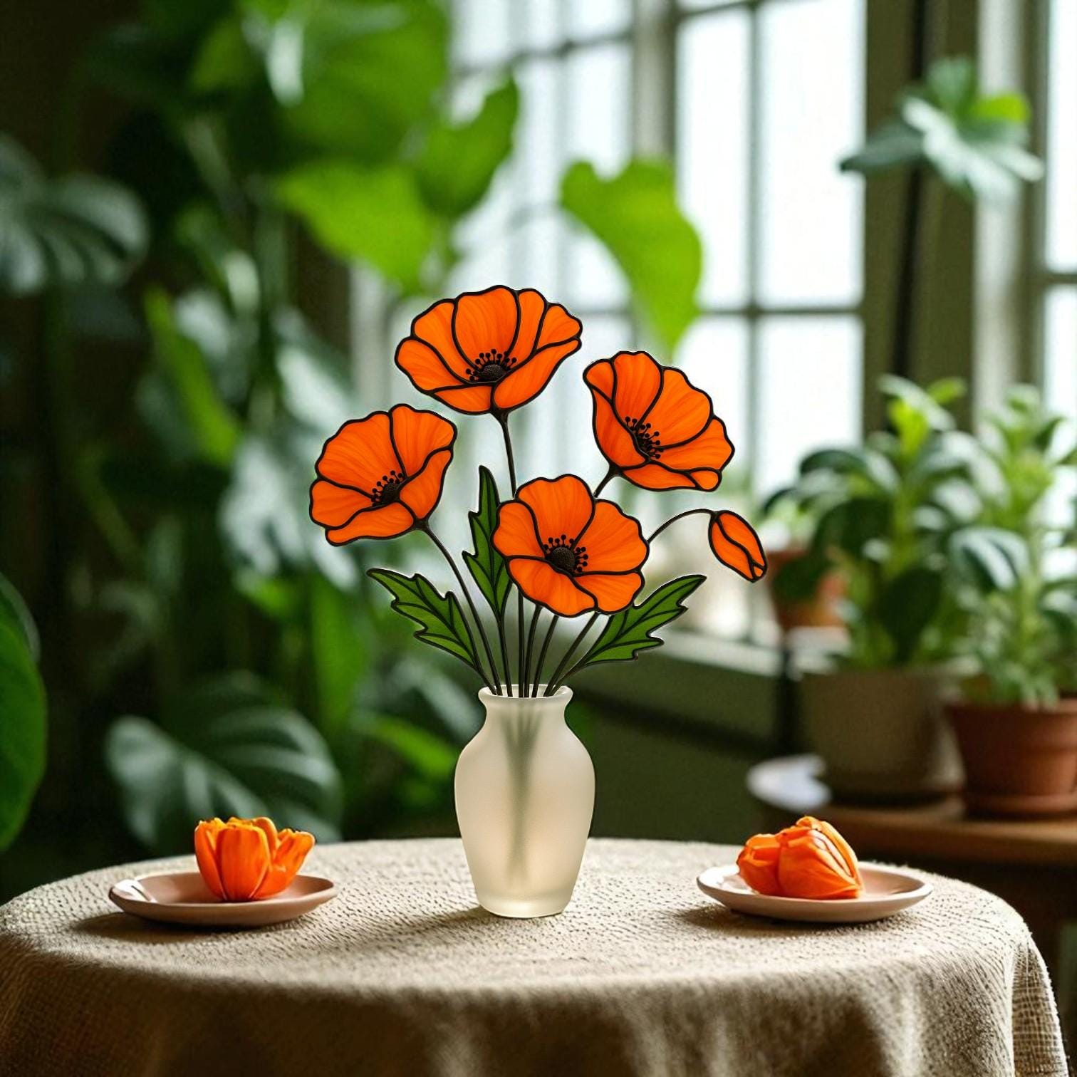 Stained Glass Orange Poppy Bouquet: Handmade Floral Arrangement in Frosted Vase