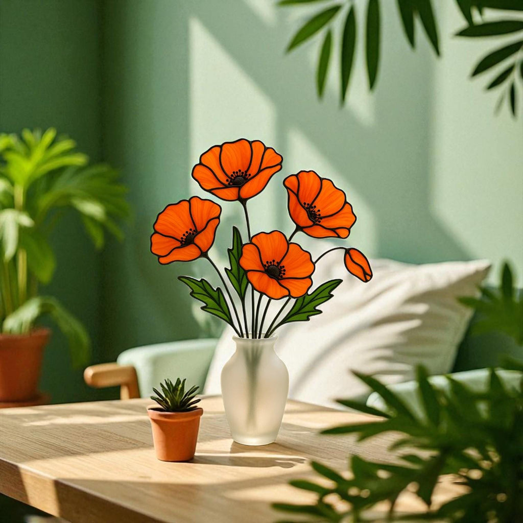 Stained Glass Orange Poppy Bouquet: Handmade Floral Arrangement in Frosted Vase