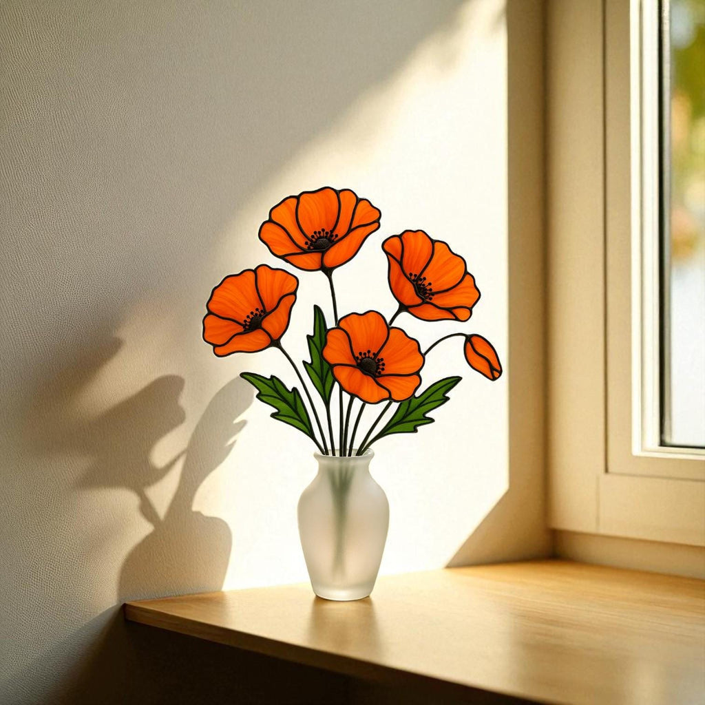 Stained Glass Orange Poppy Bouquet: Handmade Floral Arrangement in Frosted Vase