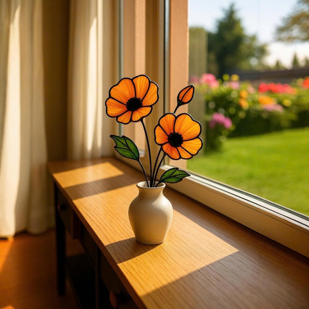 Stained Glass Poppy Bouquet: Handmade Floral Window Decor