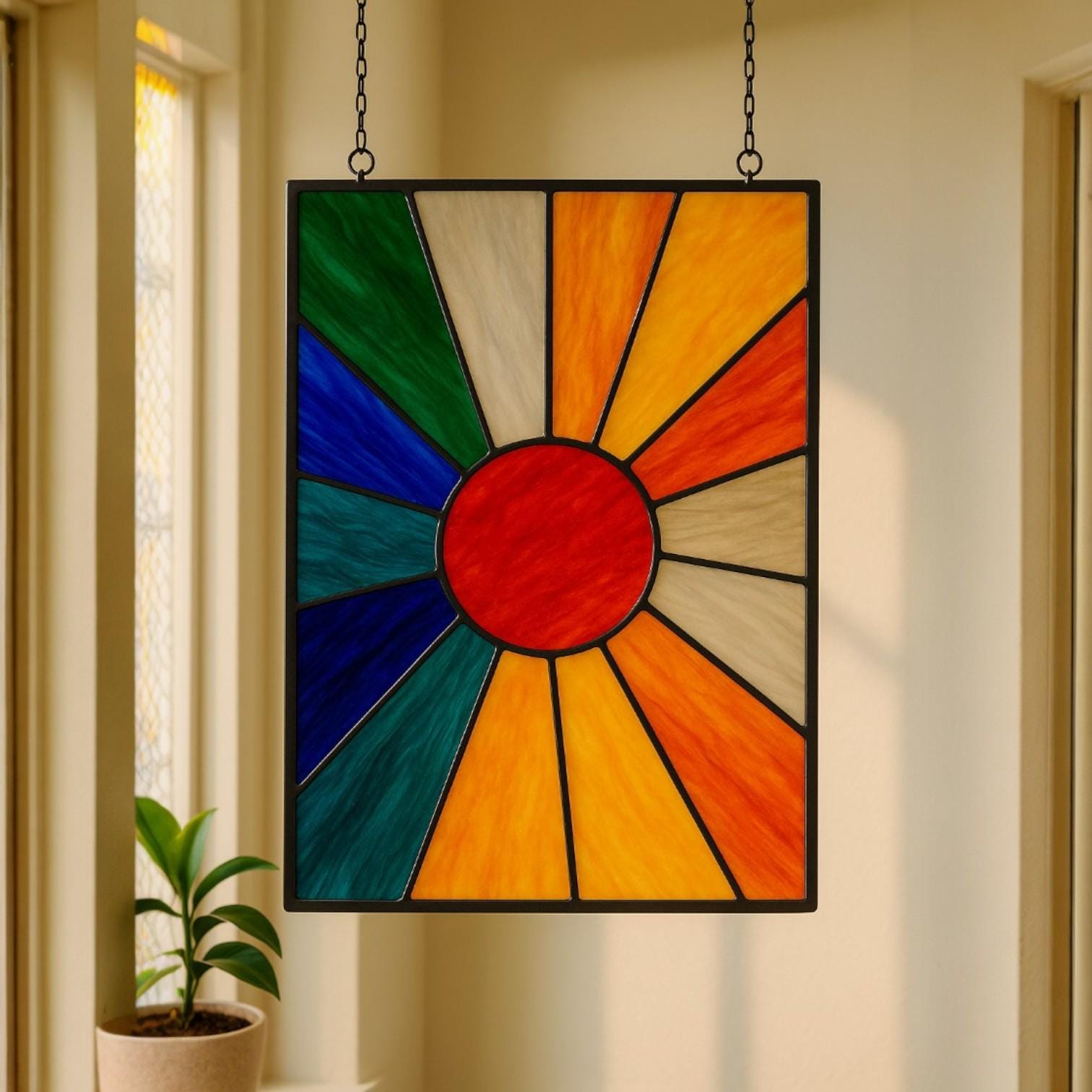 Stained Glass Sunburst Suncatcher: Mid Century Modern Boho Window Decor