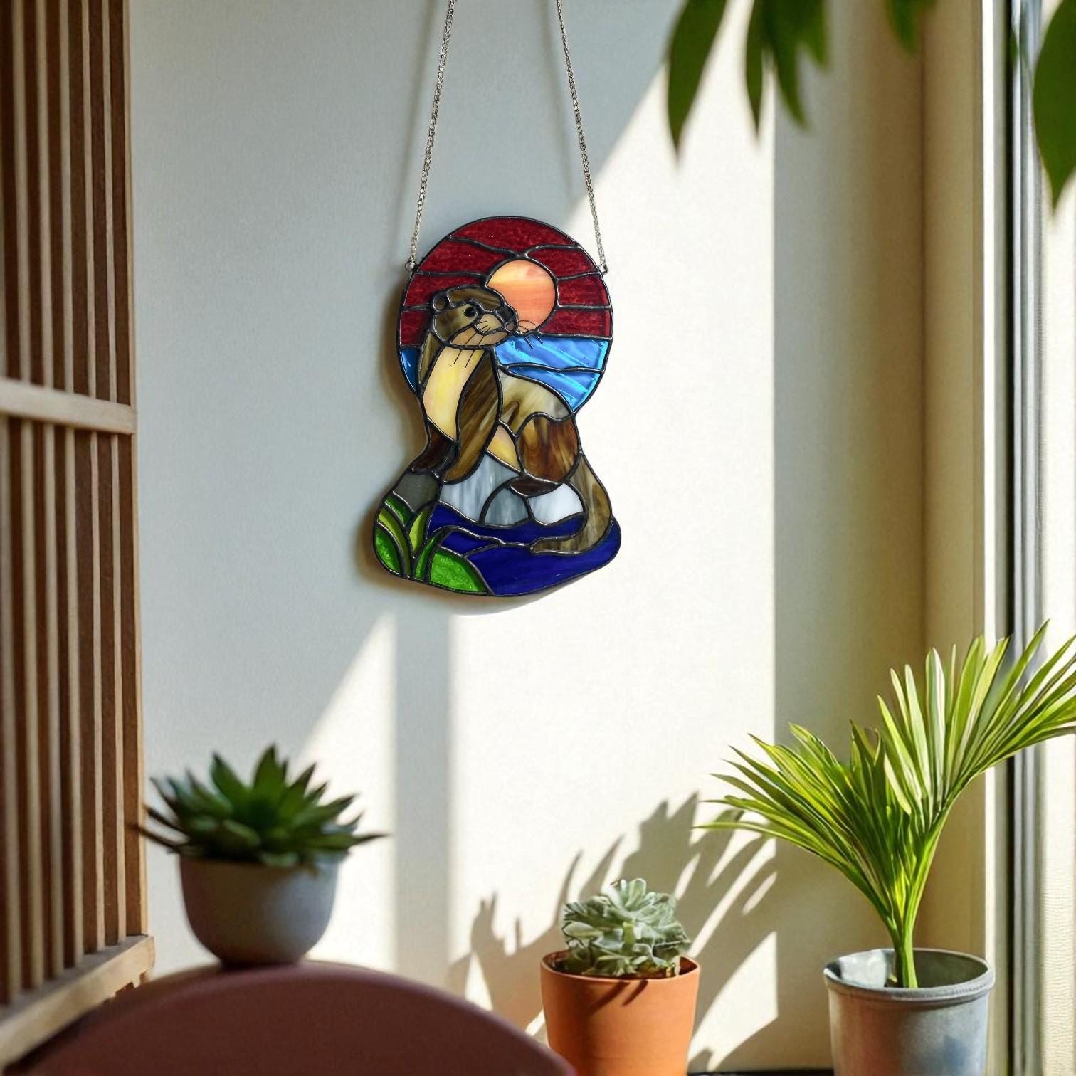 Stained Glass Otter Suncatcher: Handmade Window Hanging Art