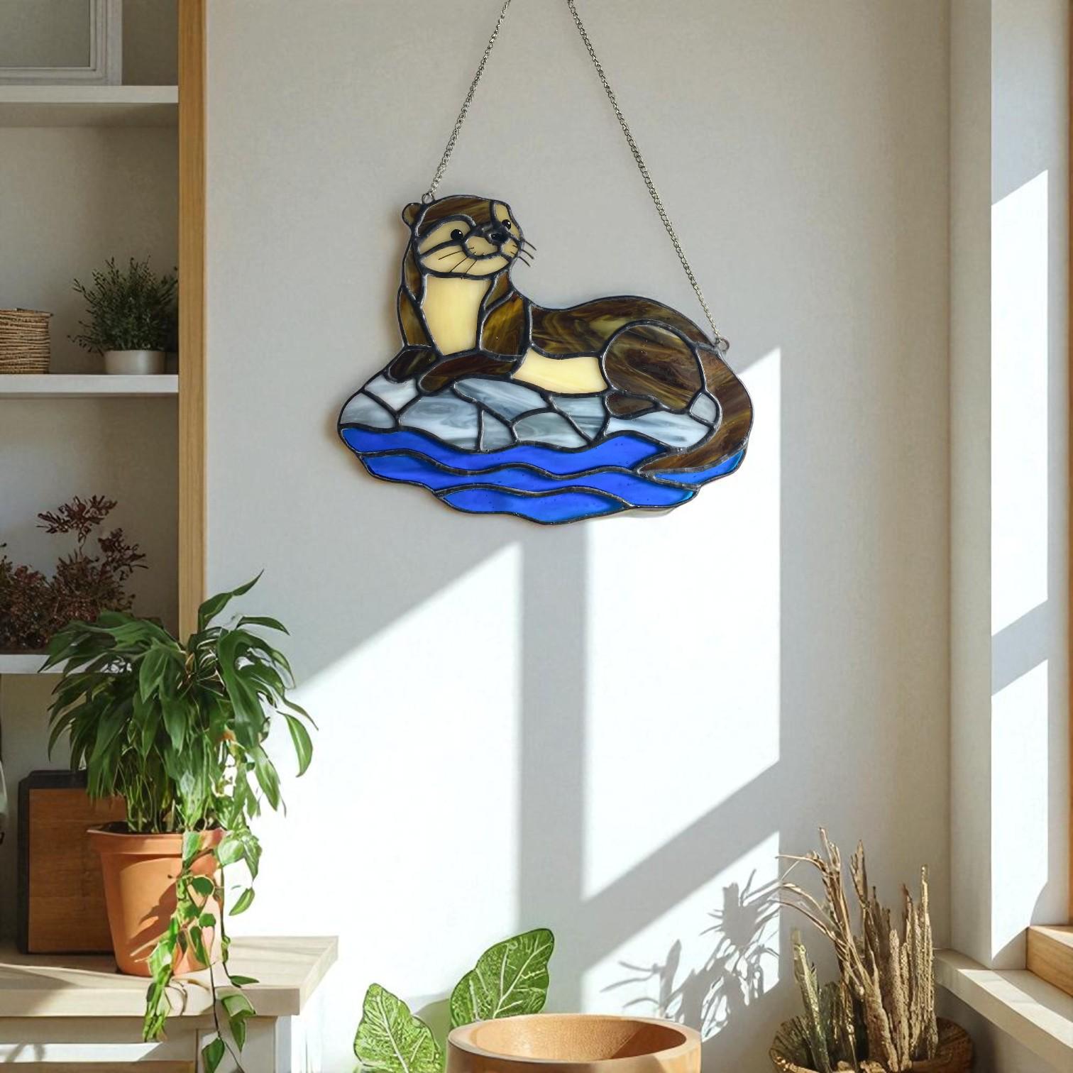 Stained Glass Otter Suncatcher: Handmade Window Hanging Art