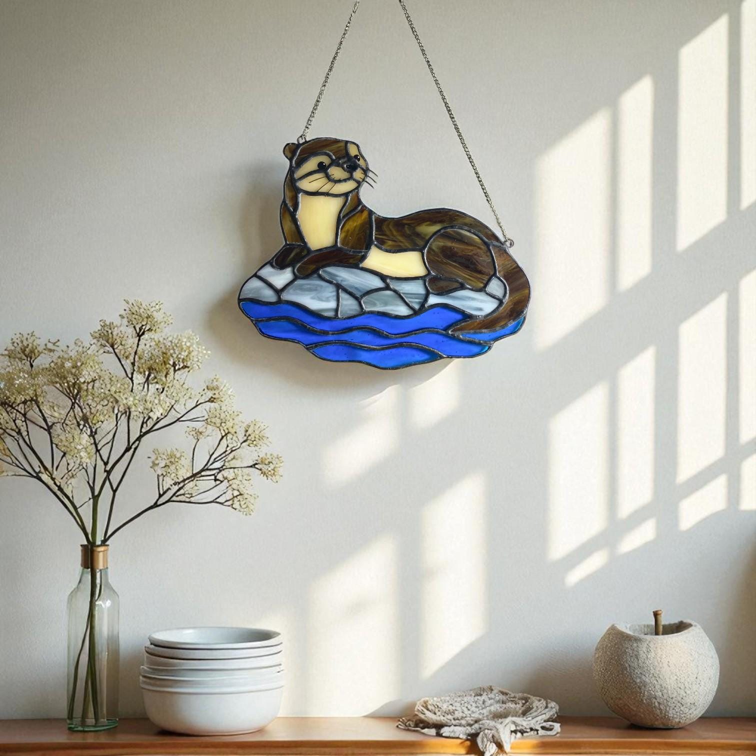 Stained Glass Otter Suncatcher: Handmade Window Hanging Art
