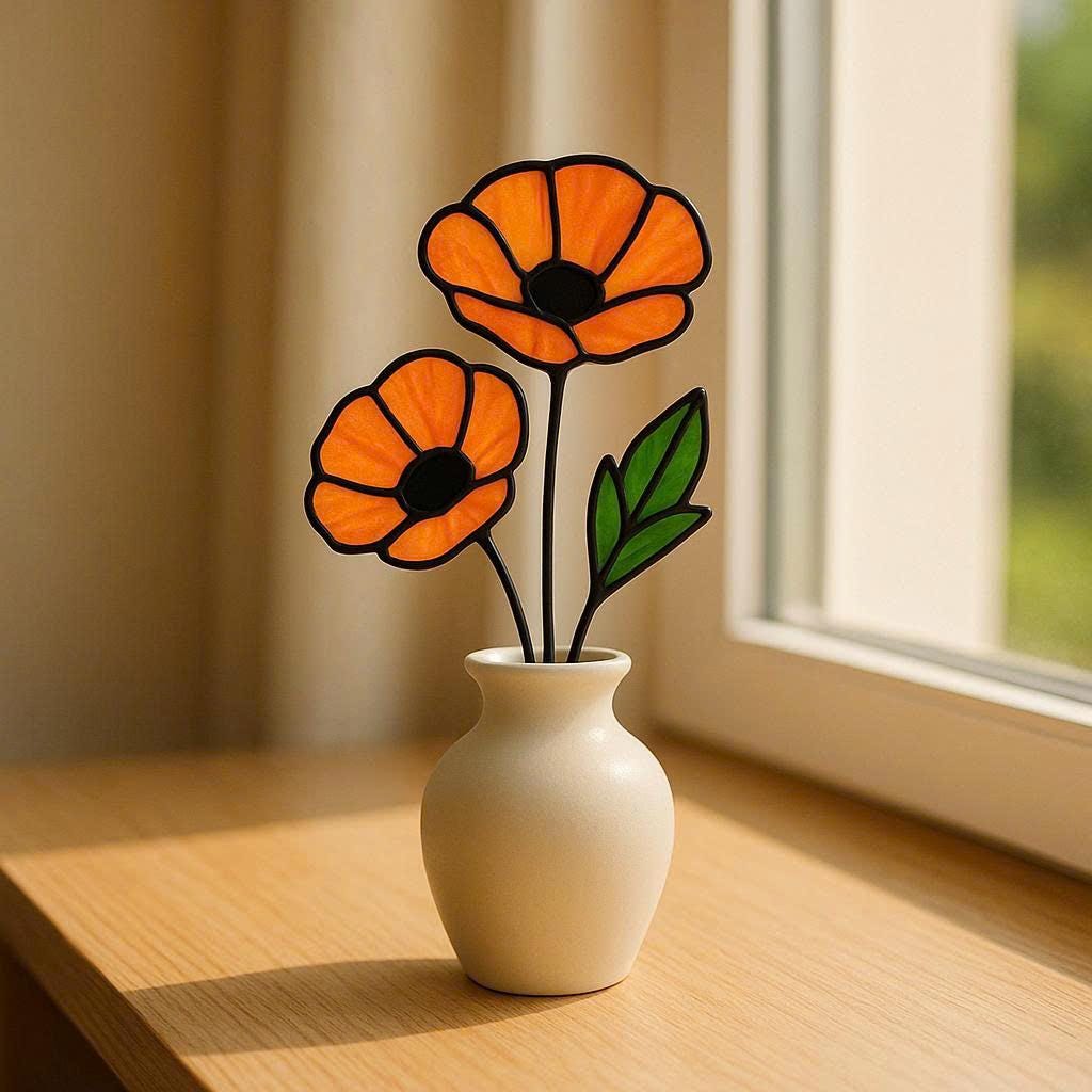 Stained Glass Poppy Bouquet: Handmade Floral Window Decor