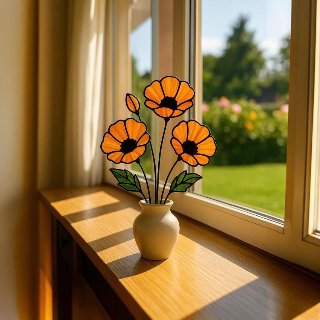 Stained Glass Poppy Bouquet: Handmade Floral Window Decor